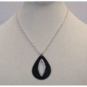 Modernist Teardrop Pendant‎ Necklace Black Silver Tone Geometric Link Chain